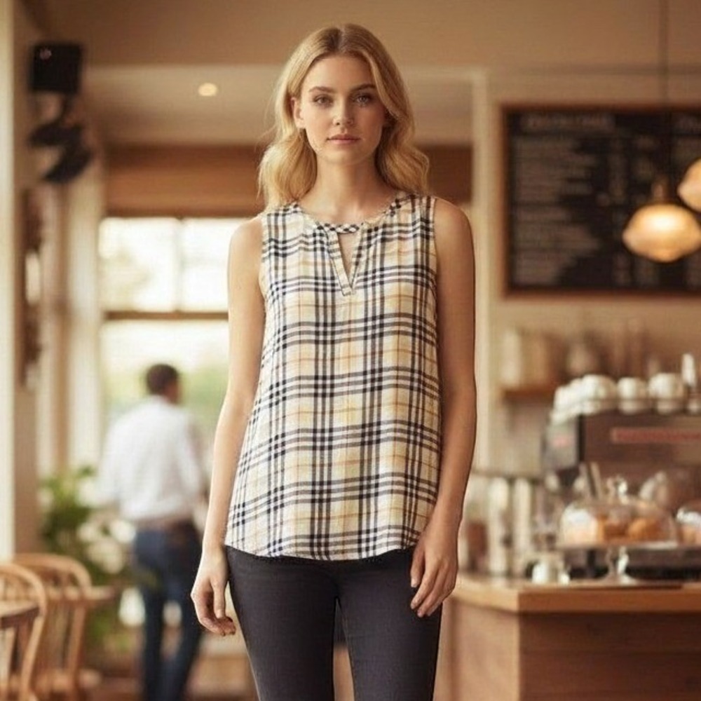 New York & Company Plaid Sleeveless Blouse Split Neck Knit Back Mixed Media